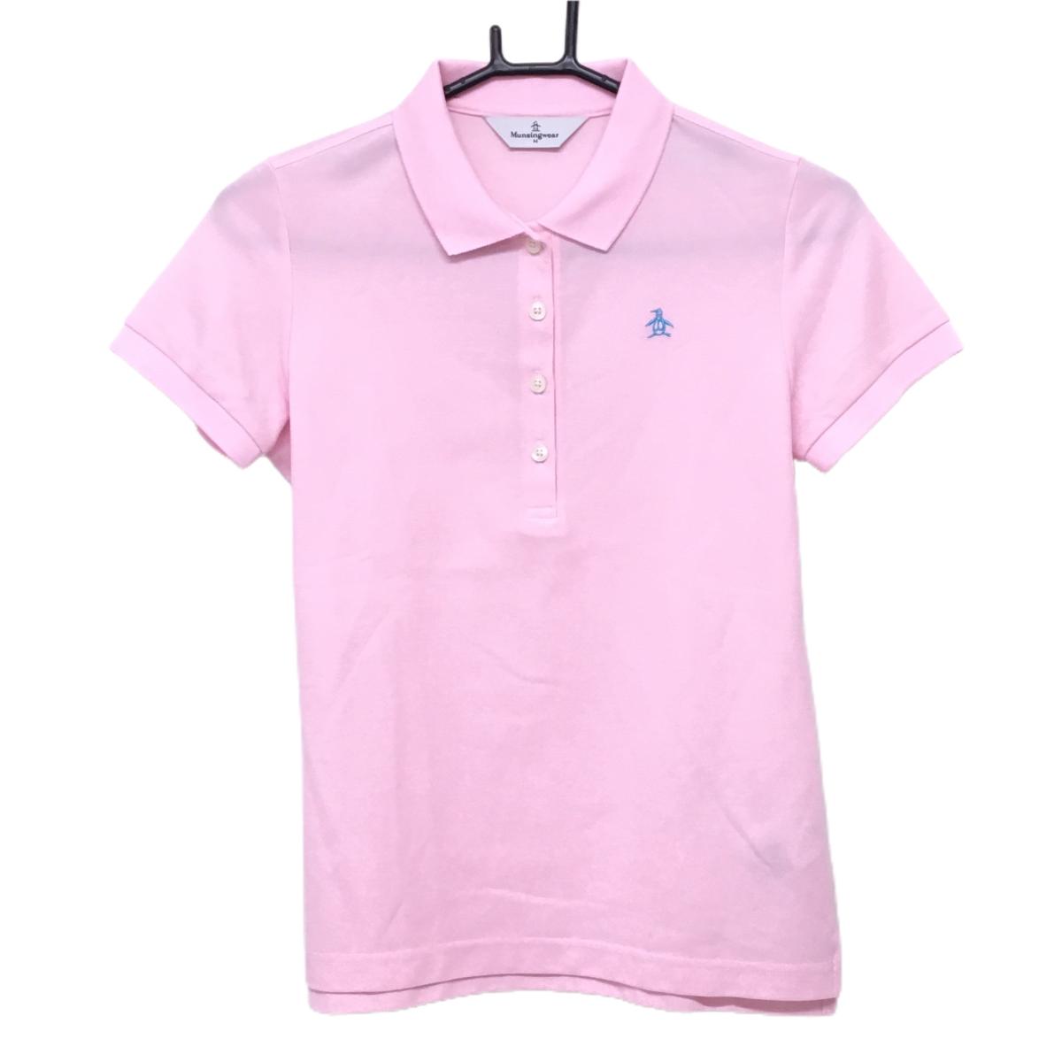 【美品】マンシングウェア 半袖ポロシャツ ライトピンク×ブルー ロゴ刺しゅう レディース M ゴルフウェア Munsingwear