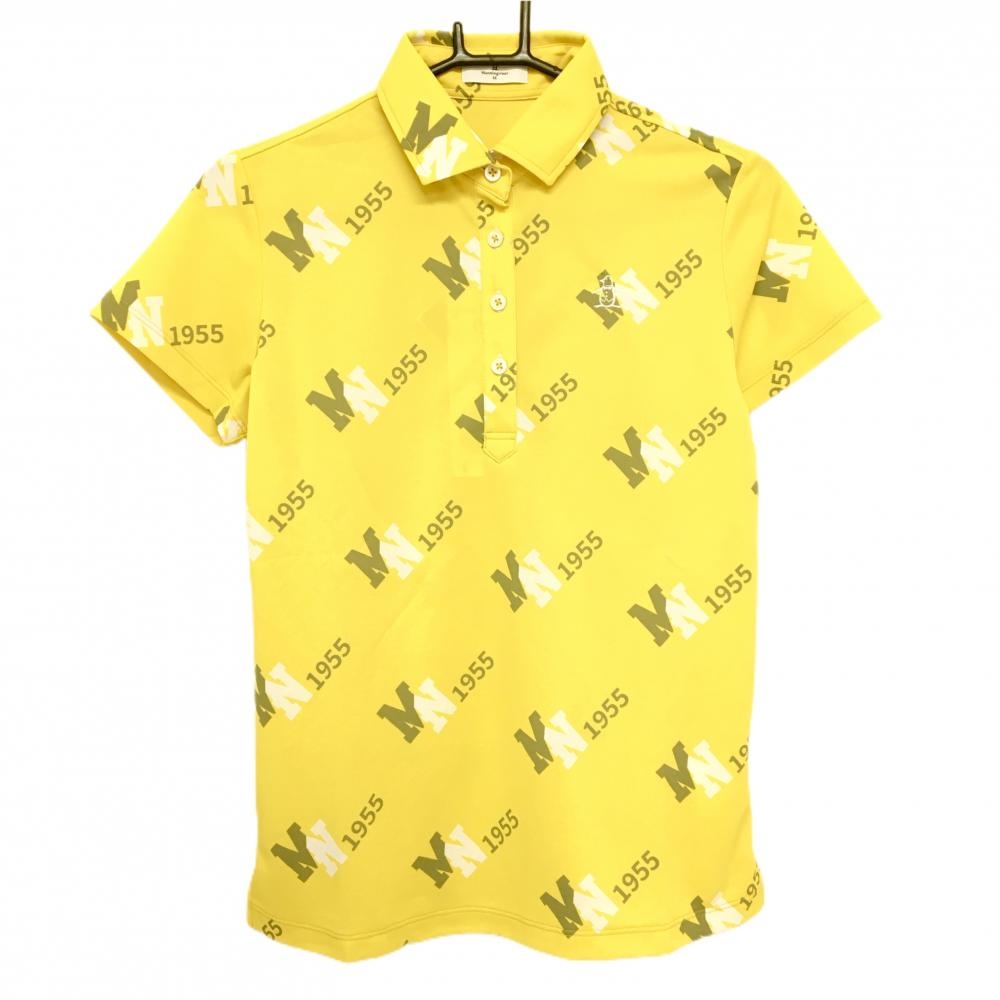 【新品】マンシングウェア 半袖ポロシャツ イエロー×白 ロゴ総柄 UVカット 吸汗速乾 遮熱   レディース M ゴルフウェア Munsingwear