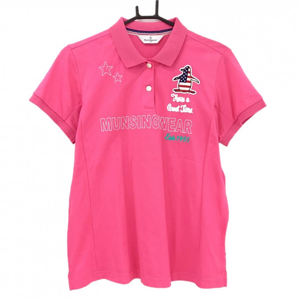 【超美品】マンシングウェア 半袖ポロシャツ ピンク×白 ペンギンワッペン 星条旗 レディース LL ゴルフウェア Munsingwear