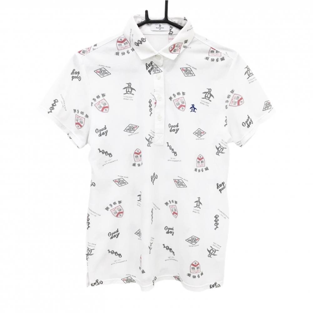 マンシングウェア 半袖ポロシャツ 白×グレー系×レッド 総柄 ペンギン  レディース LL ゴルフウェア Munsingwear
