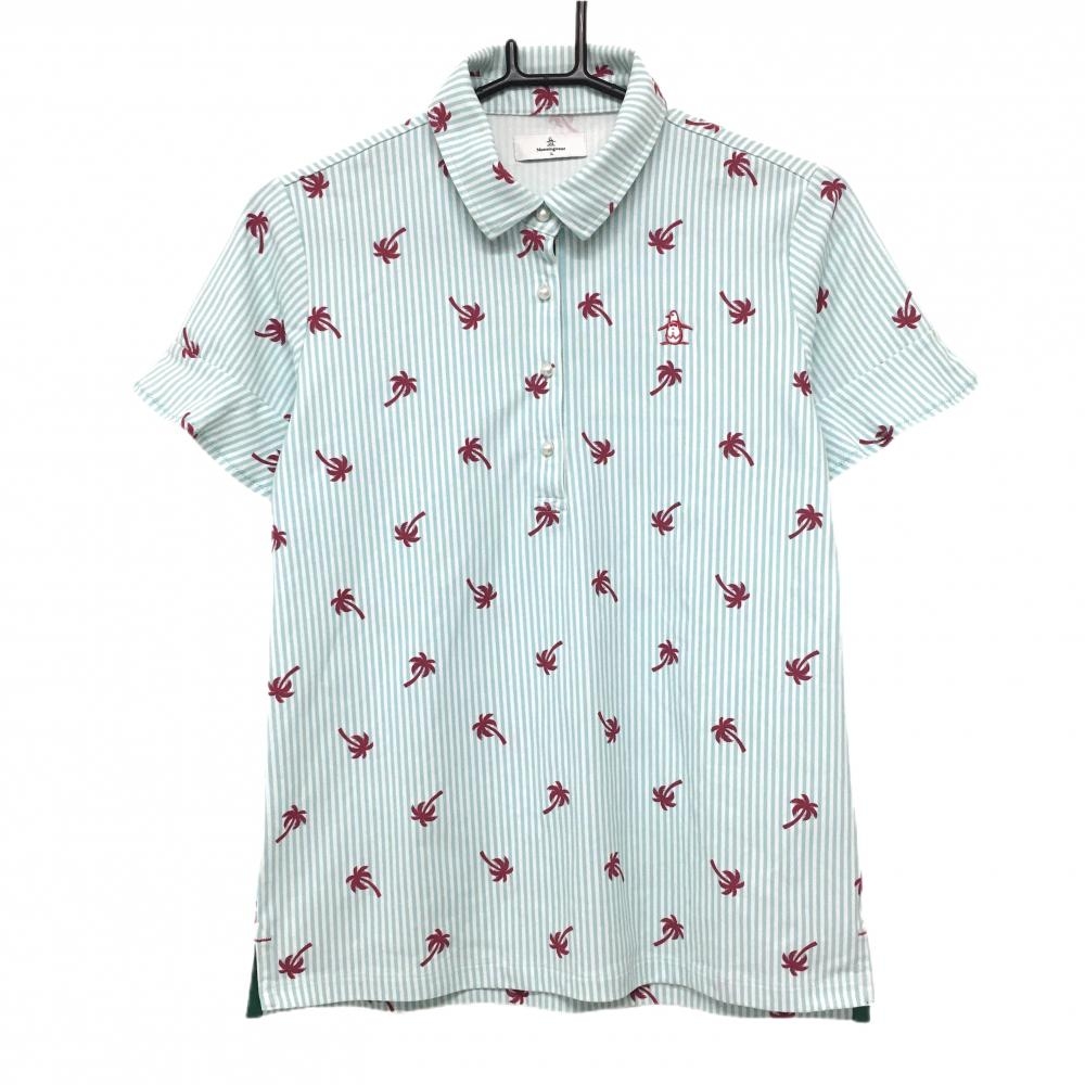 【美品】マンシングウェア 半袖ポロシャツ 白×ライトブルー ストライプ ヤシの木柄 袖フリル レディース L ゴルフウェア Munsingwear