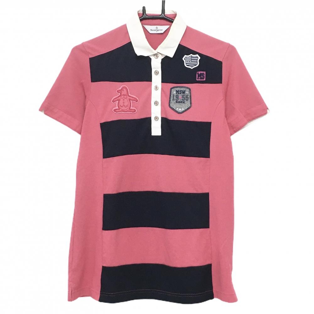 マンシングウェア 半袖ポロシャツ ピンク×ネイビー 前面ボーダー ワッペン レディース L ゴルフウェア Munsingwear