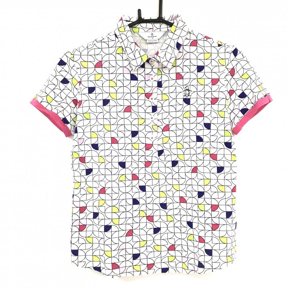 マンシングウェア 半袖ポロシャツ 白×マルチカラー 総柄 ペンギン刺しゅう レディース M ゴルフウェア Munsingwear