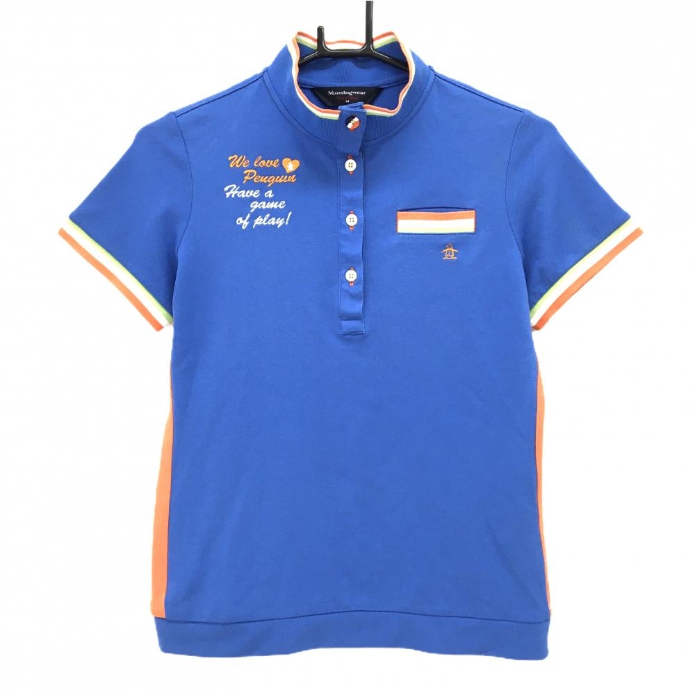 【超美品】マンシングウェア 半袖ポロシャツ ブルー×オレンジ スタンドカラー サイド3ライン レディース M ゴルフウェア Munsingwear