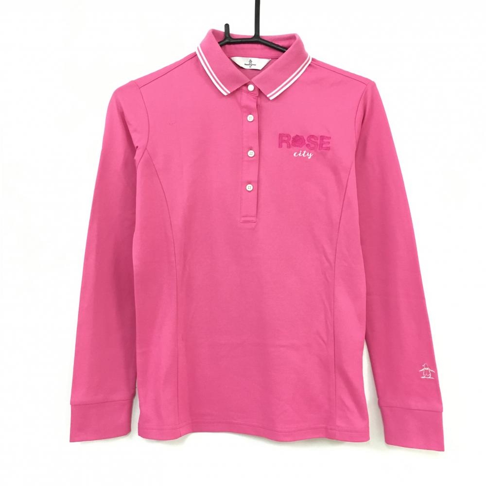 Munsingwear マンシングウェア 長袖ポロシャツ ピンク×白 シンプル 襟ライン レディース M ゴルフウェア
