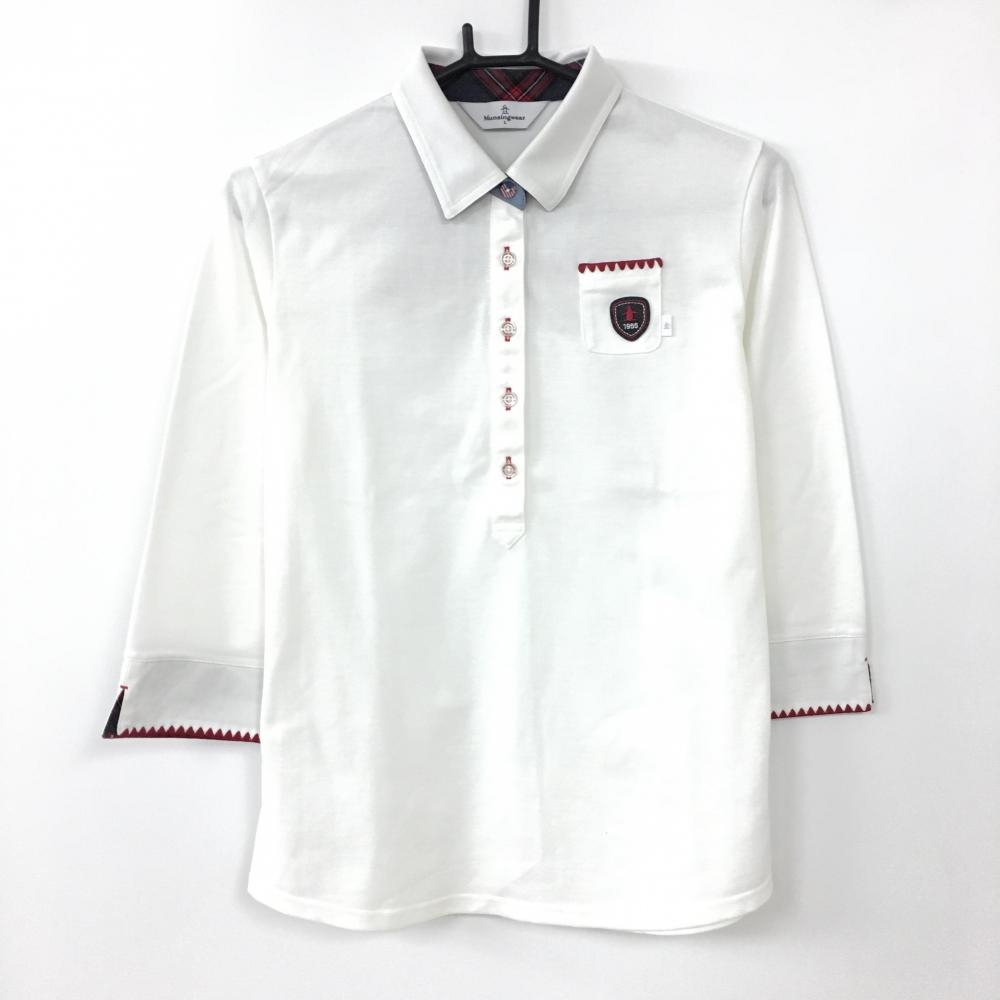 マンシングウェア 七分袖ポロシャツ 白×レッド 襟裏・袖口裏チェック柄 胸ポケット  レディース L ゴルフウェア Munsingwear