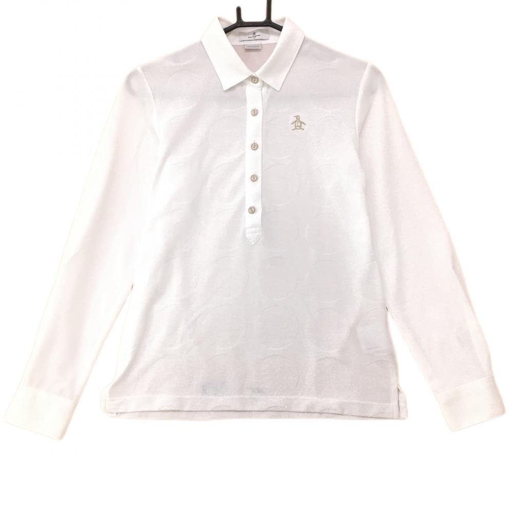 【美品】マンシングウェア 長袖ポロシャツ 白 ドット織生地 コットン混 日本製 レディース M ゴルフウェア Munsingwear