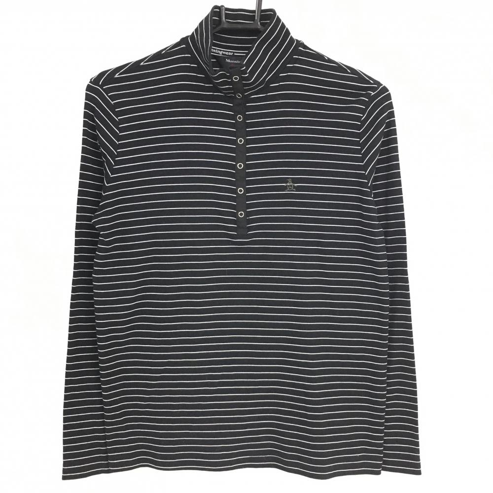 【美品】マンシングウェア 長袖ポロシャツ 黒×白 ボーダー  レディース L ゴルフウェア Munsingwear