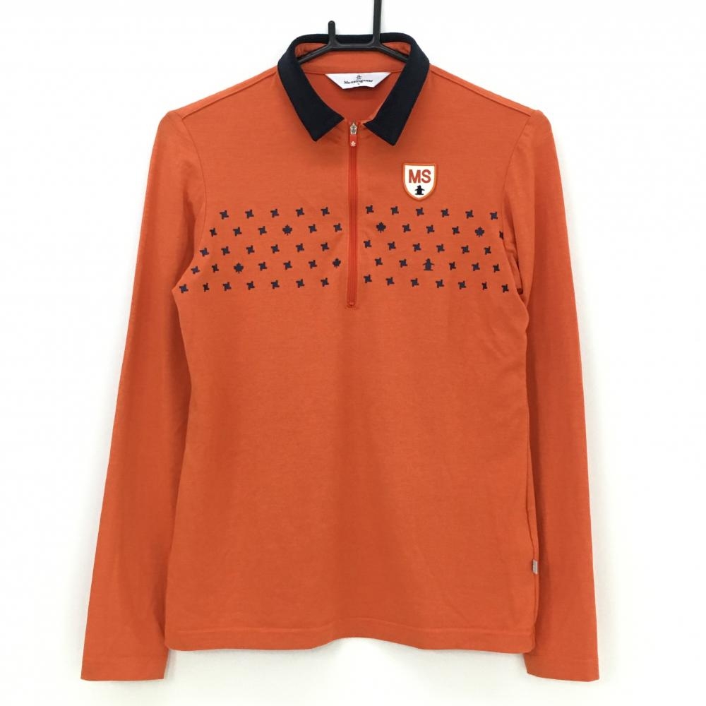マンシングウェア 長袖ポロシャツ オレンジ×ネイビー ロゴワッペン ハーフジップ レディース L ゴルフウェア Munsingwear