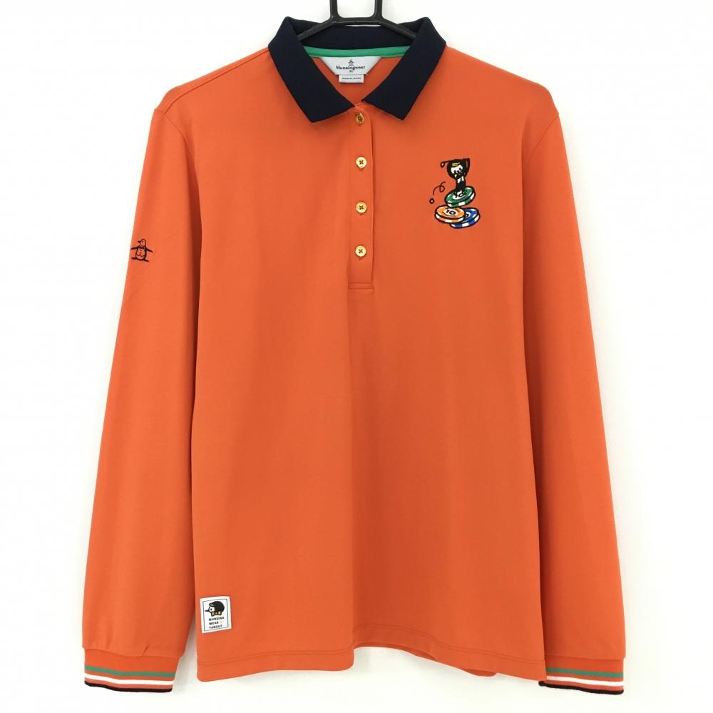 【超美品】マンシングウェア 長袖ポロシャツ オレンジ×ネイビー 胸元刺しゅう  レディース 3L ゴルフウェア 大きいサイズ Munsingwear