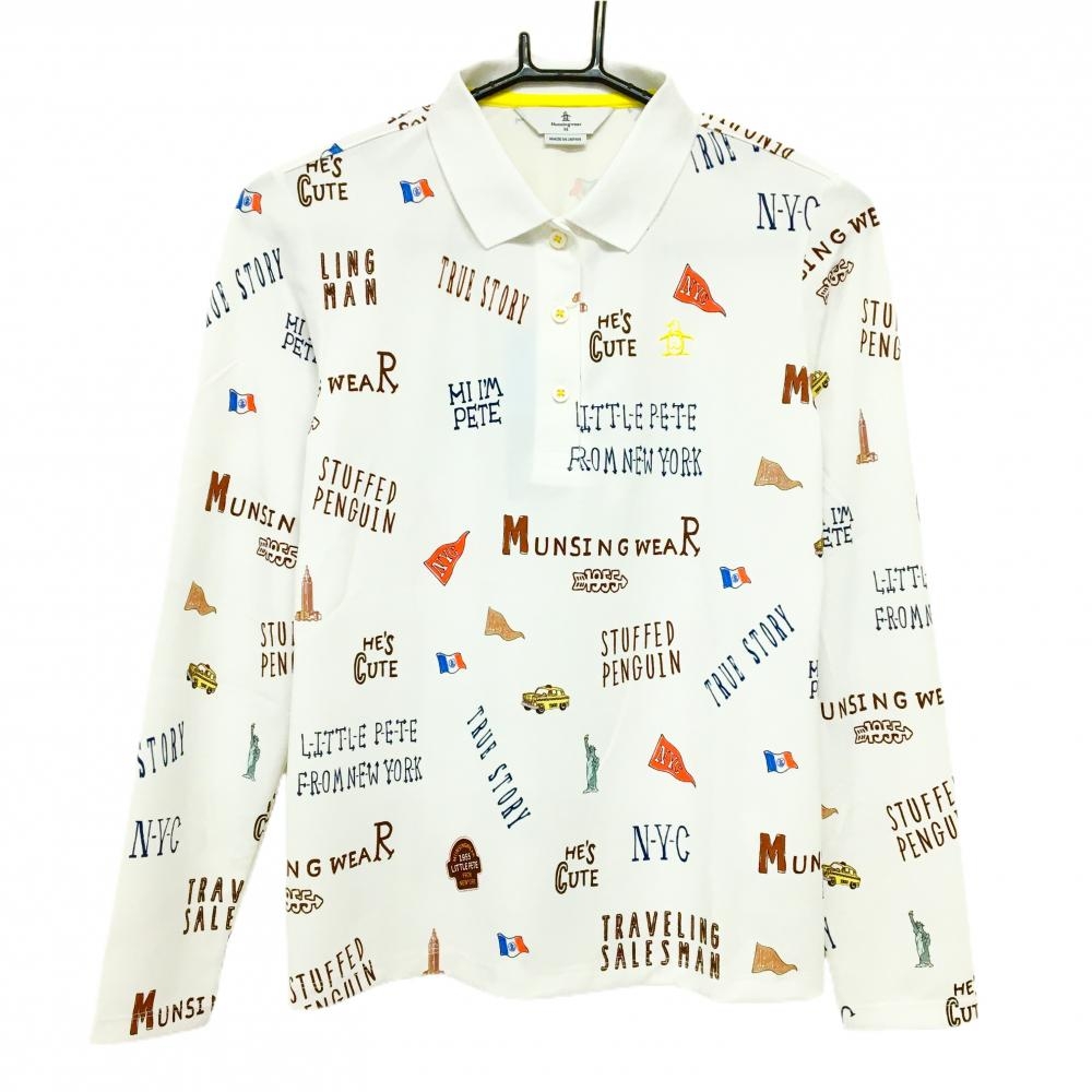 【新品】マンシングウェア 長袖ポロシャツ 白×マルチカラー ロゴ・総柄 ストレッチ UVカット レディース M ゴルフウェア Munsingwear