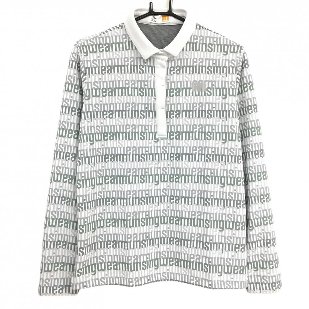 【新品】マンシングウェア 長袖ポロシャツ ライトグレー×カーキ ロゴ総柄 レディース LL ゴルフウェア Munsingwear