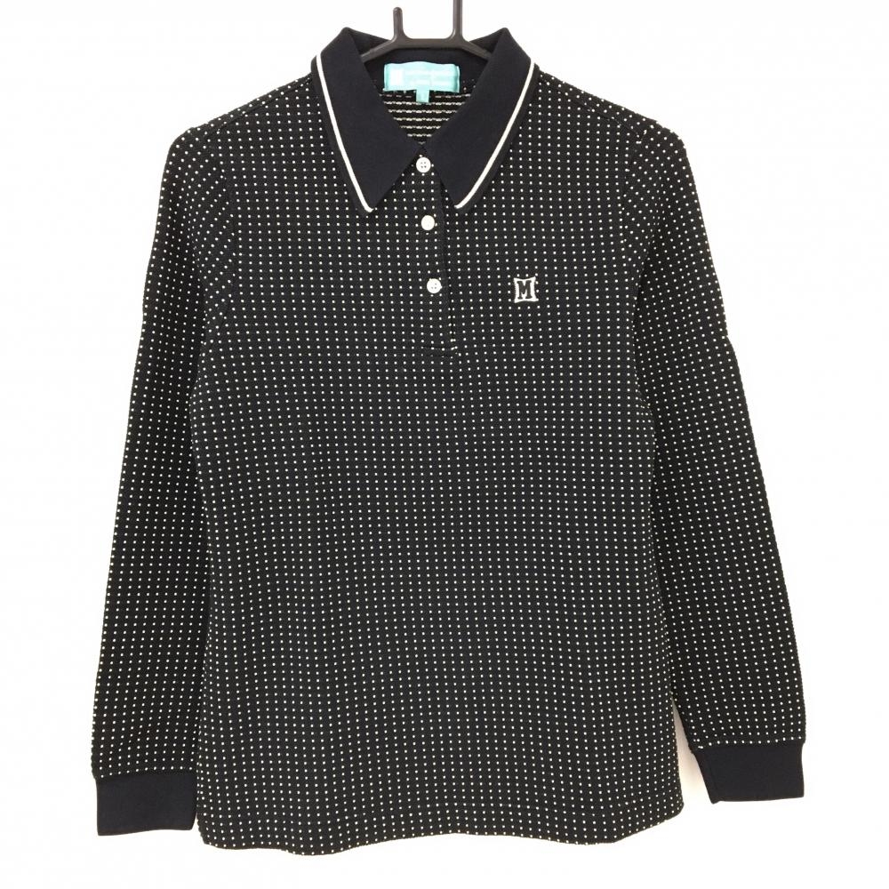 【美品】マンシングウェア×ジュンコシマダ 長袖ポロシャツ 黒×ベージュ ドット 胸ロゴ刺しゅう  レディース 9 ゴルフウェア Munsingwear