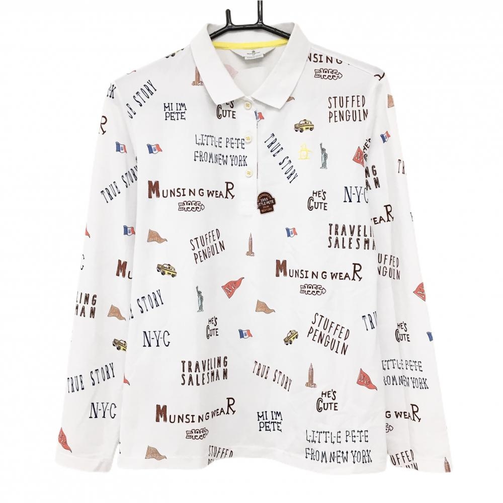 【美品】マンシングウェア 長袖ポロシャツ 白×ブラウン×マルチカラー 総柄 英字 ロゴイエロー レディース LL ゴルフウェア Munsingwear