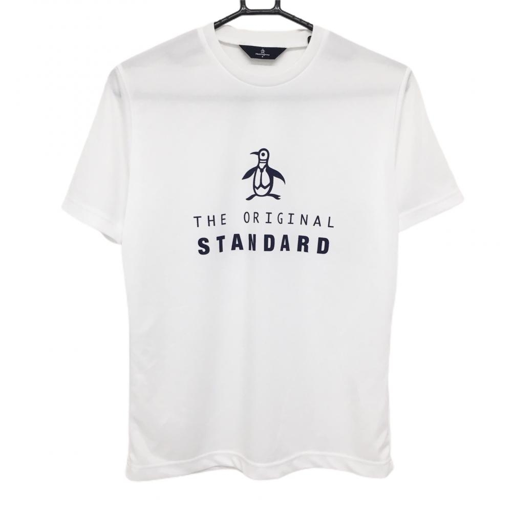 【超美品】マンシングウェア Tシャツ 白×ネイビー ビッグロゴプリント レディース S ゴルフウェア Munsingwear