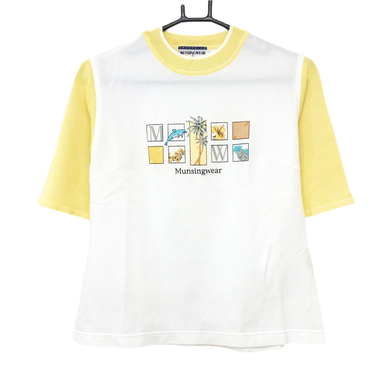 【美品】マンシングウェア Tシャツ 白×ライトイエロー フロントプリント 袖メッシュ レディース M ゴルフウェア Munsingwear