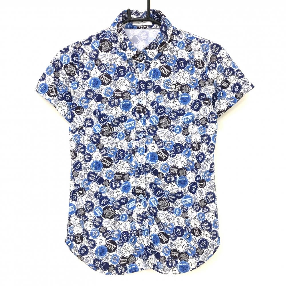 【超美品】マンシングウェア 半袖シャツ ブルー×白 王冠柄 ロゴワッペン レディース M ゴルフウェア Munsingwear