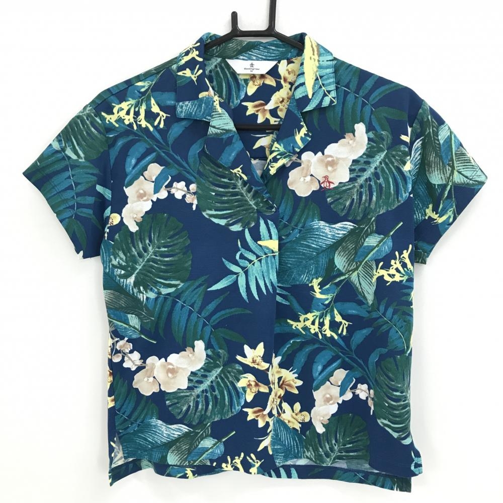 【美品】マンシングウェア 半袖スキッパーシャツ ネイビー×グリーン系×ライトイエロー 総柄 レディース M ゴルフウェア Munsingwear
