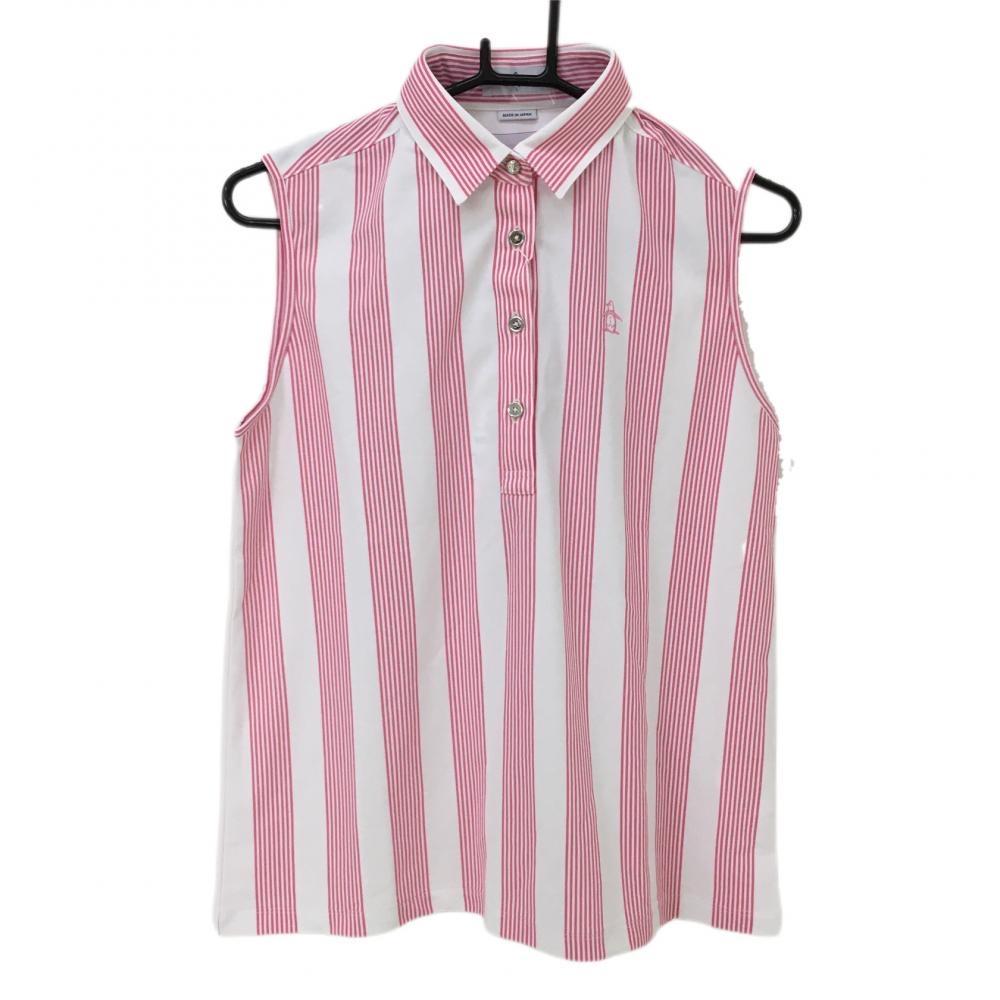 【新品】マンシングウェア ノースリーブポロシャツ ピンク×白 ストライプ レディース L ゴルフウェア Munsingwear