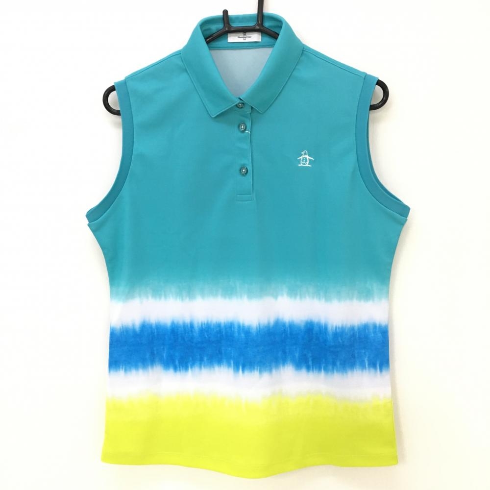 【新品】マンシングウェア ノースリーブポロシャツ ライトブルー×イエロー 一部柄 吸汗速乾  レディース LL ゴルフウェア Munsingwear