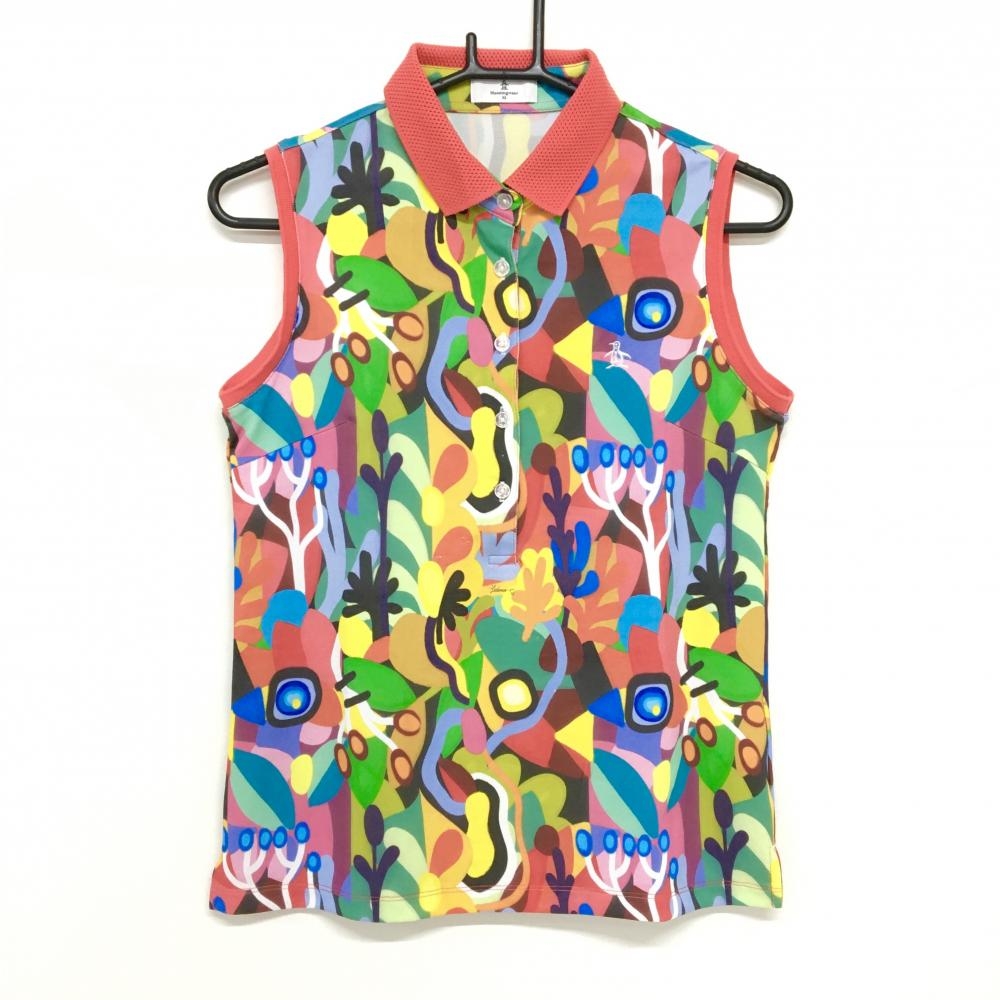 マンシングウェア ノースリーブポロシャツ レッドピンク×マルチカラー 総柄 レディース M ゴルフウェア Munsingwear