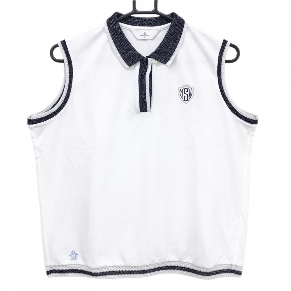 【超美品】マンシングウェア ノースリーブポロシャツ 白×ネイビー 襟・袖口ラメ レディース L ゴルフウェア 2024年モデル Munsingwear
