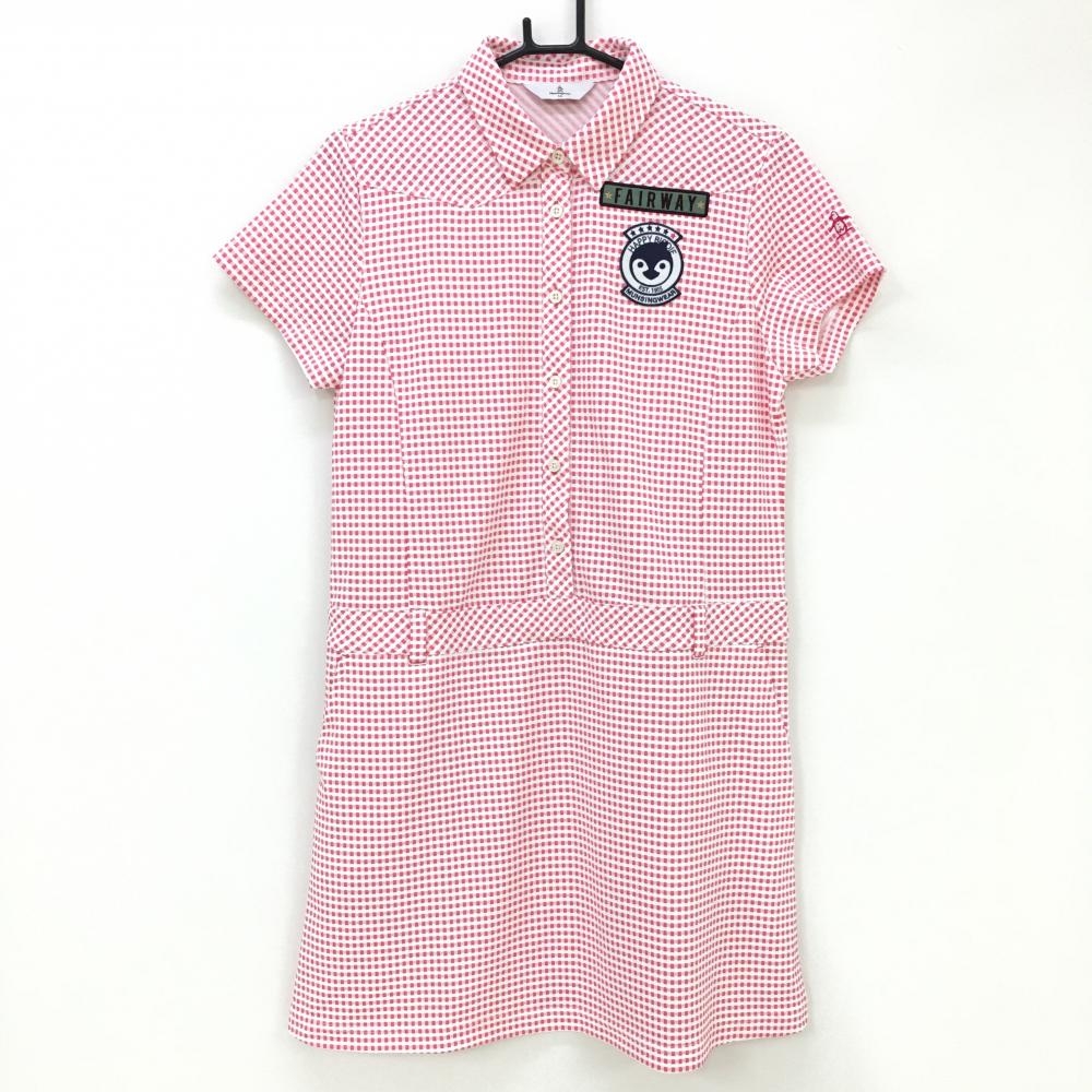 【超美品】マンシングウェア 半袖ポロワンピース ピンク×白 チェック  レディース LL ゴルフウェア Munsingwear
