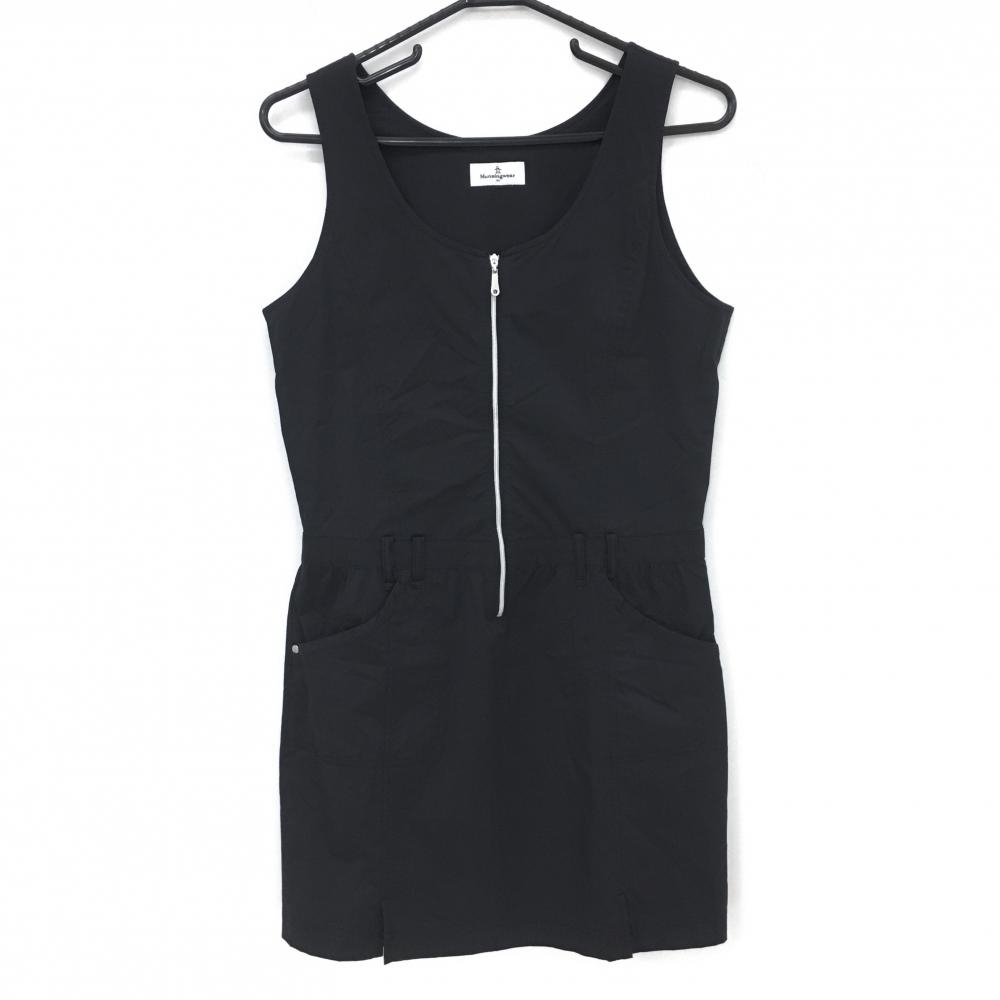 【美品】マンシングウェア ノースリーブワンピース 黒 ナイロン フロントジップ バックロゴ レディース M ゴルフウェア Munsingwear