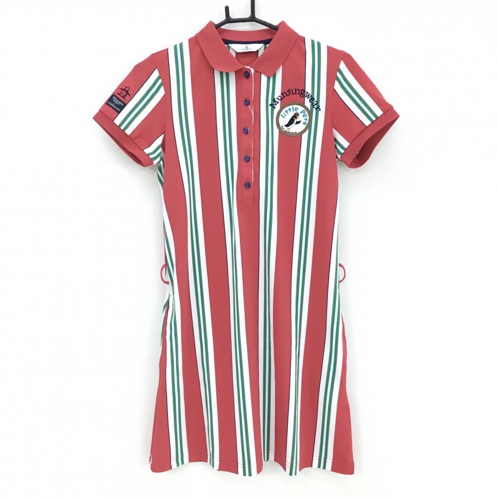 【未使用品】マンシングウェア 半袖ポロワンピース レッド系×グリーン ストライプ レディース M ゴルフウェア Munsingwear