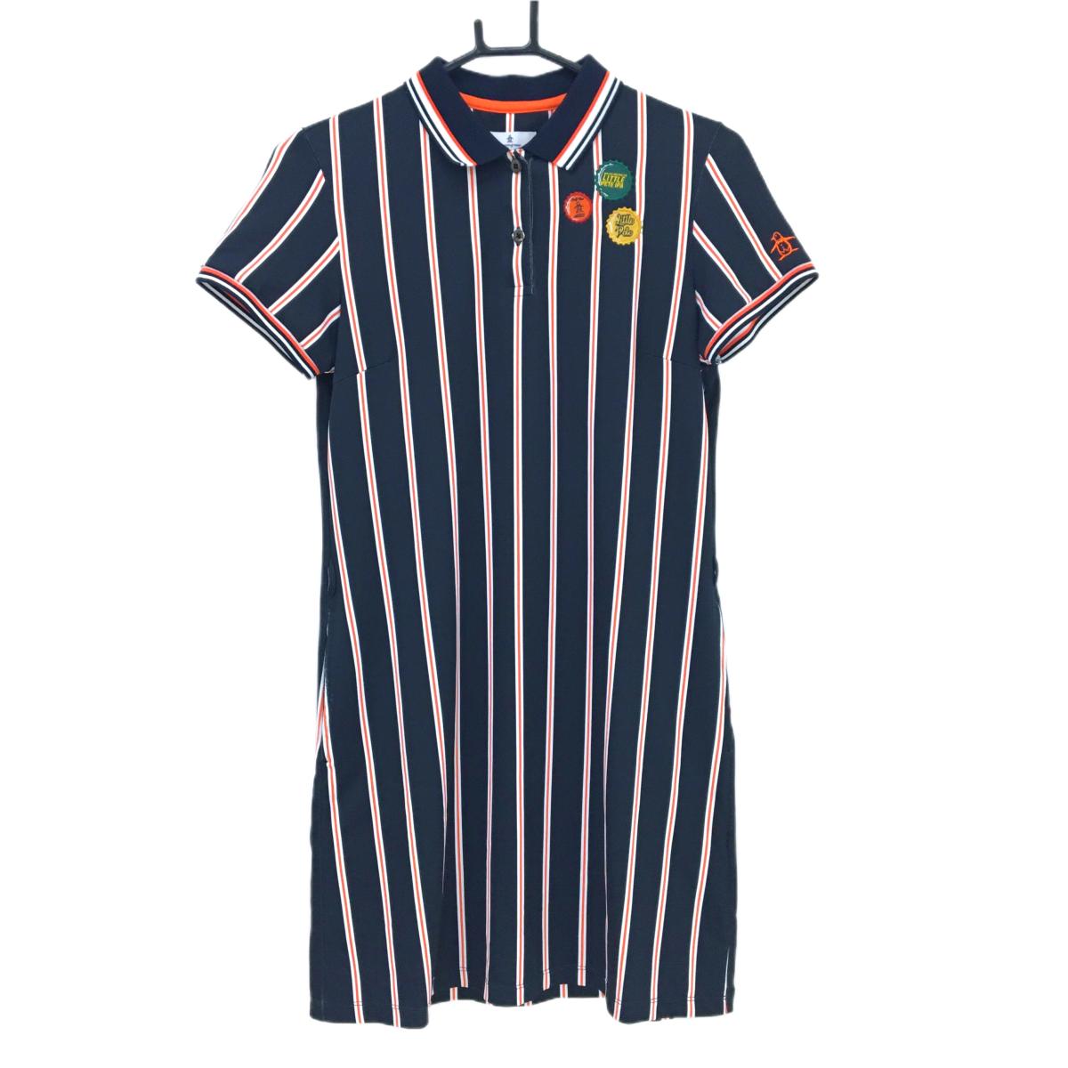 マンシングウェア 半袖ポロワンピース ダークネイビー×白 ストライプ 王冠刺しゅう 袖ロゴ レディース M ゴルフウェア Munsingwear
