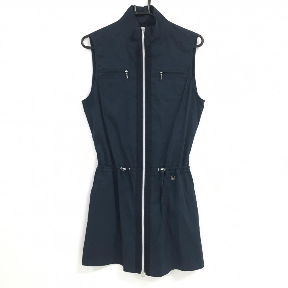 【新品】マンシングウェア ノースリーブワンピース ネイビー ストライプ地模様 フロントジップ  レディース L ゴルフウェア Munsingwear