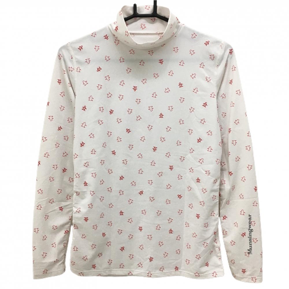 【超美品】マンシングウェア ハイネックインナーシャツ 白×レッド ペンギン総柄  レディース L ゴルフウェア Munsingwear
