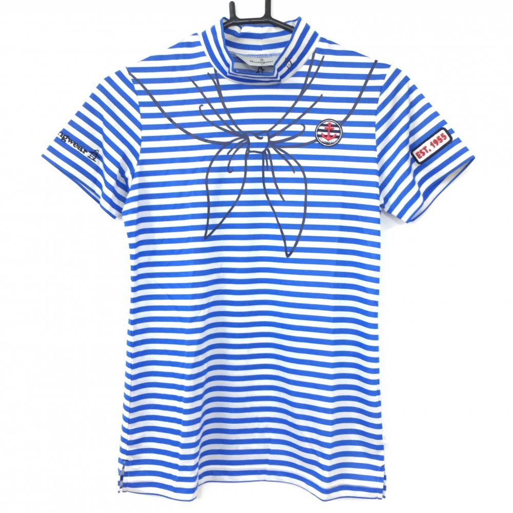 Munsingwear マンシングウェア 半袖ハイネックシャツ ブルー×白 ボーダー だまし絵 イカリワッペン レディース M ゴルフウェア