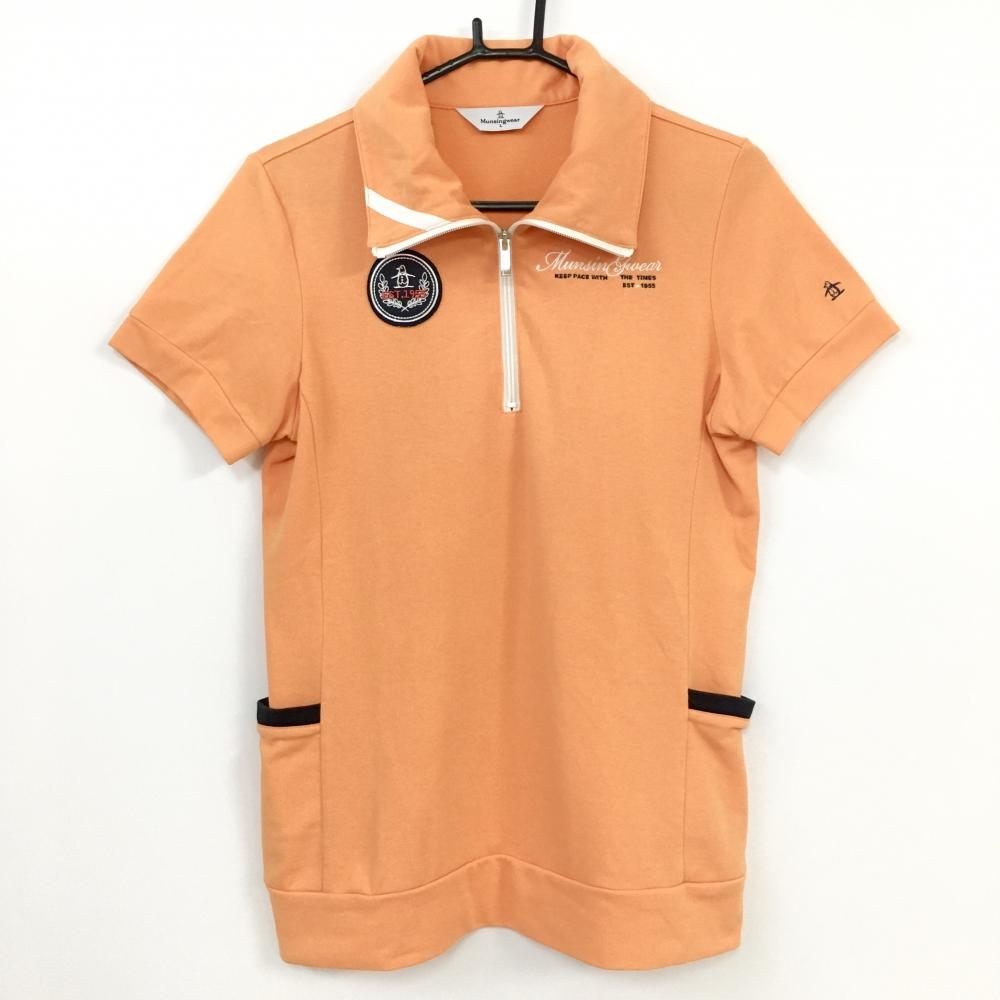 Munsingwear マンシングウェア 半袖ハイネックシャツ オレンジ×白 チュニック ハーフジップ 全体的に毛羽立ち レディース L ゴルフウェア