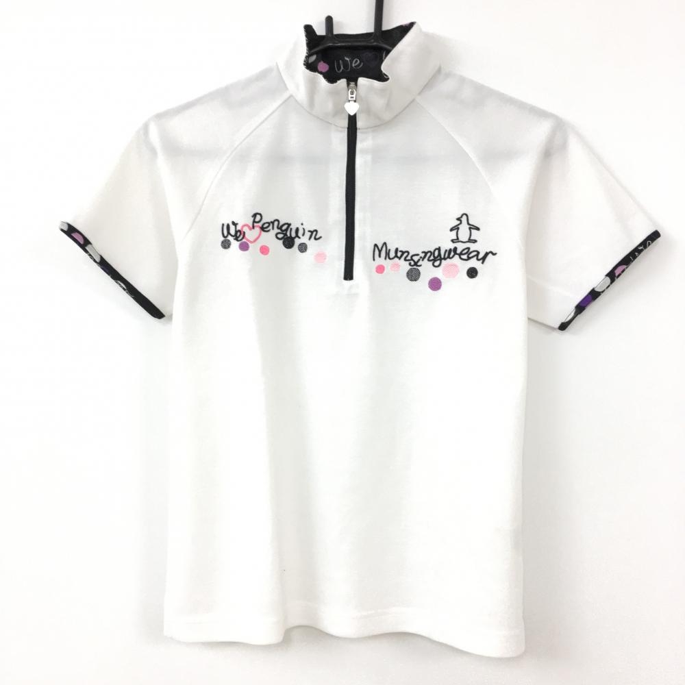 Munsingwear マンシングウェア 半袖ハイネックシャツ 白×黒 襟裏総柄 ドット ハーフジップ レディース M ゴルフウェア