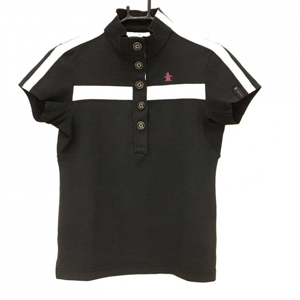 マンシングウェア 半袖ハイネックシャツ 黒×白 前ボタン レディース M ゴルフウェア Munsingwear