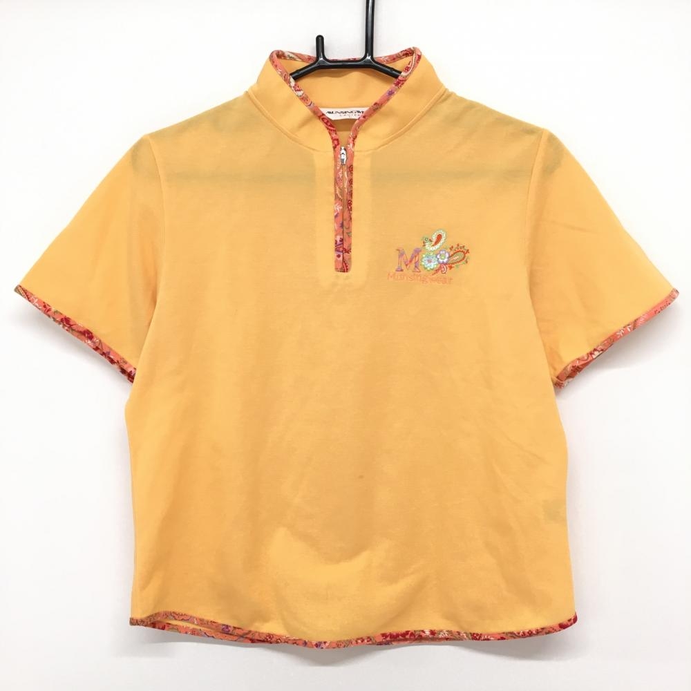 【美品】マンシングウェア 半袖ハイネックシャツ オレンジ×ピンク 一部柄 ロゴ刺しゅう  レディース L ゴルフウェア Munsingwear