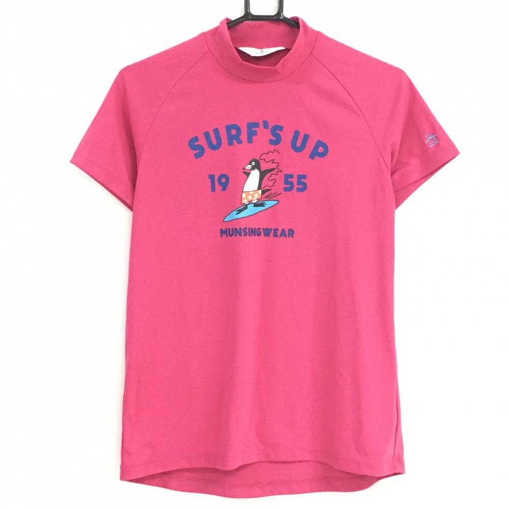 【超美品】マンシングウェア 半袖ハイネックシャツ ピンク ペンギンプリント レディース L ゴルフウェア Munsingwear