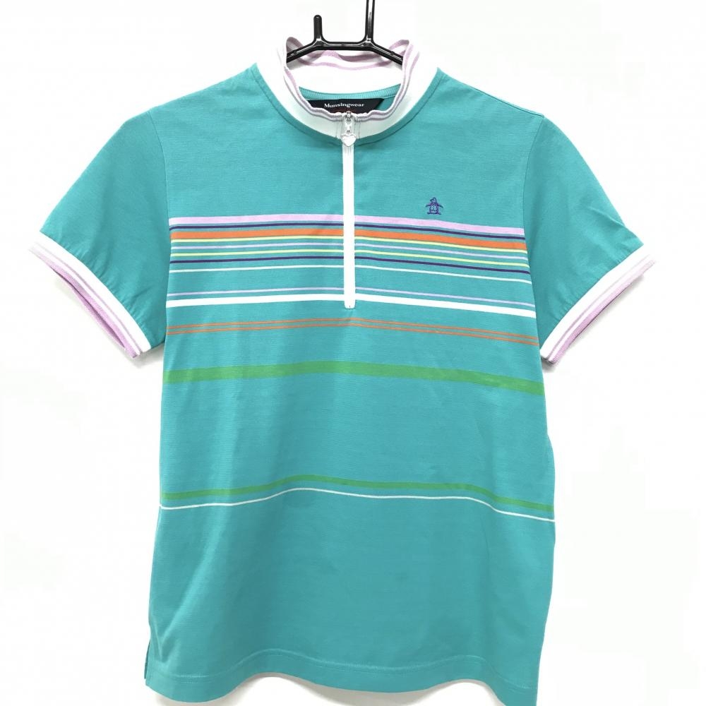 マンシングウェア 半袖ハイネックシャツ ライトグリーン×マルチカラー ランダムストライプ  レディース L ゴルフウェア Munsingwear