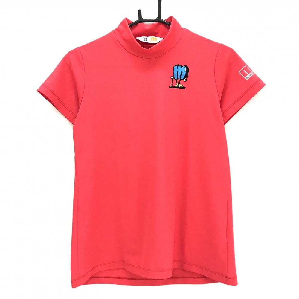 【美品】マンシングウェア 半袖ハイネックシャツ ピンク×ブルー ワッペン レディース M ゴルフウェア Munsingwear