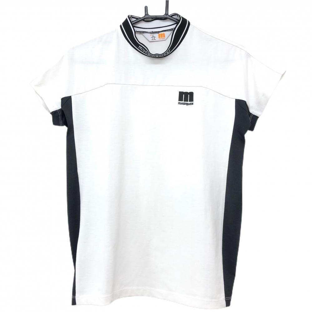 【超美品】マンシングウェア 半袖ハイネックシャツ 白×黒 ネックライン ロゴ刺しゅう  レディース M ゴルフウェア Munsingwear