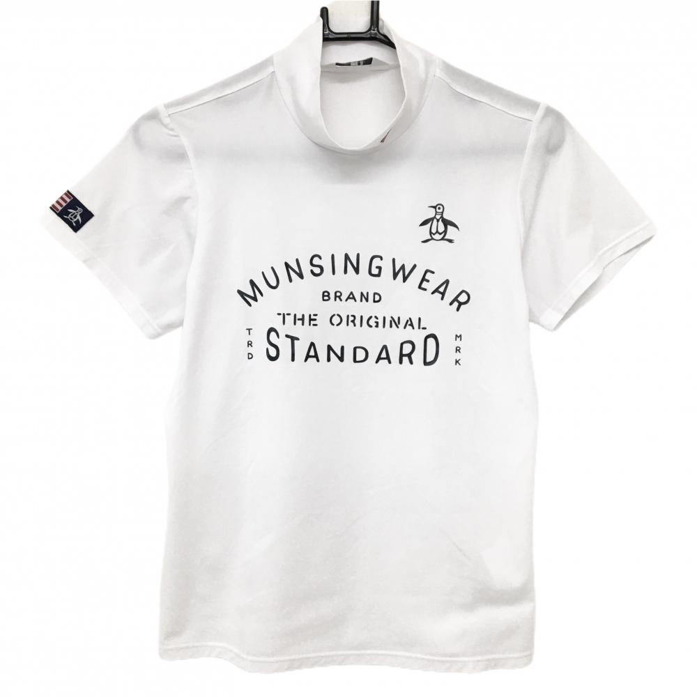 【美品】マンシングウェア 半袖ハイネックシャツ 白×ネイビー ビッグプリント レディース M ゴルフウェア Munsingwear