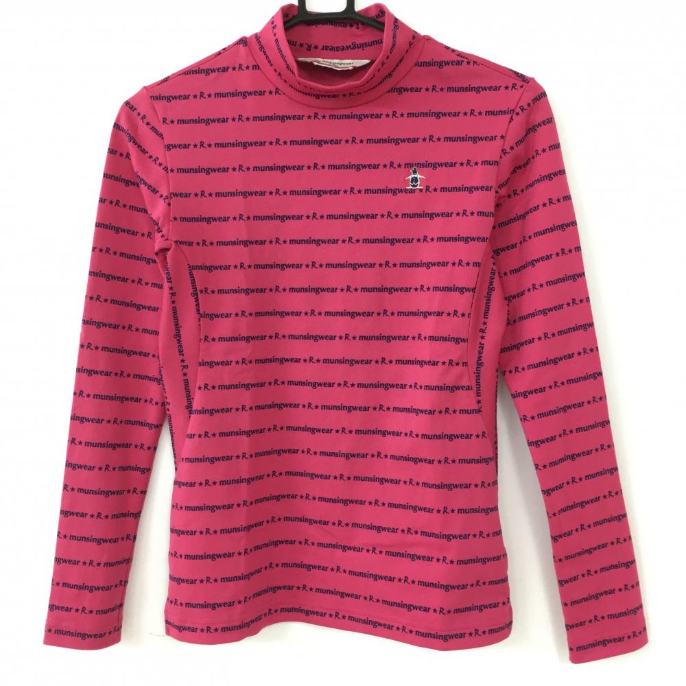 【美品】Munsingwear マンシングウェア 長袖ハイネックシャツ ピンク×ネイビー ロゴ 総柄 レディース M ゴルフウェア