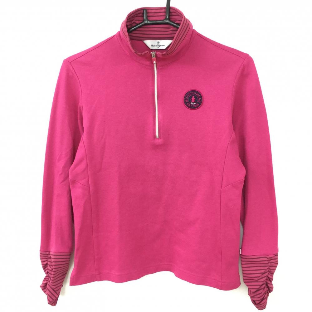 【超美品】Munsingwear マンシングウェア 長袖ハイネックシャツ ピンク×ネイビー ネックボーダー ハーフジップ レディース M ゴルフウェア