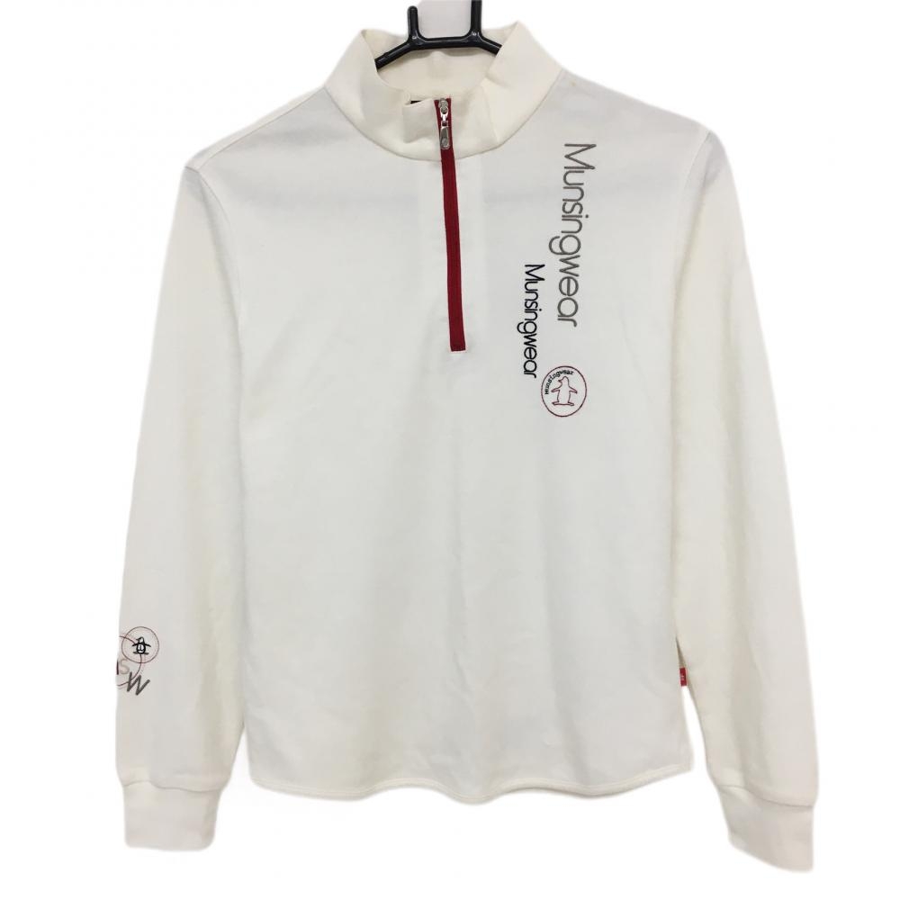マンシングウェア 長袖ハイネックシャツ 白×レッド ハーフジップ 襟・肩汚れ レディース M ゴルフウェア Munsingwear