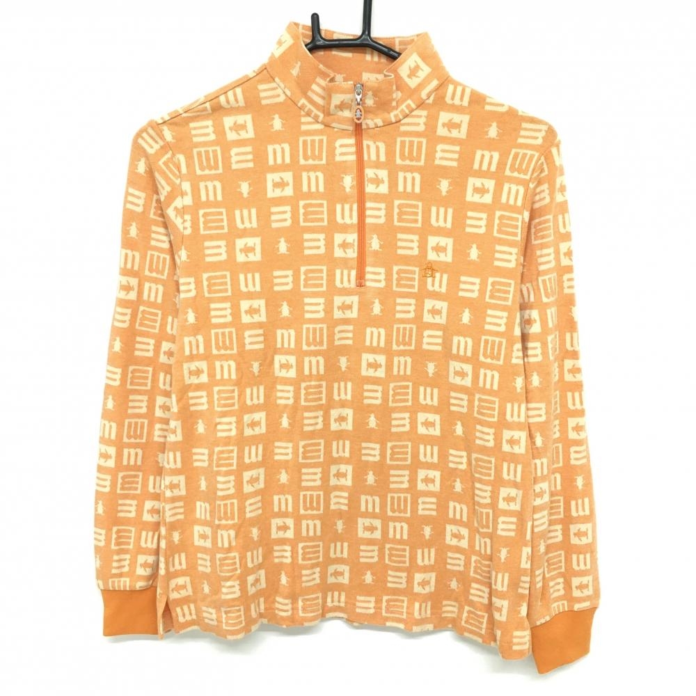 【美品】マンシングウェア 長袖ハイネックシャツ オレンジ×ライトベージュ ロゴ総柄 ハーフジップ レディース M ゴルフウェア Munsingwear