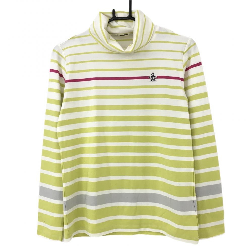 マンシングウェア 長袖タートルネックシャツ 白×ライトグリーン ボーダー 表微起毛 レディース L ゴルフウェア Munsingwear