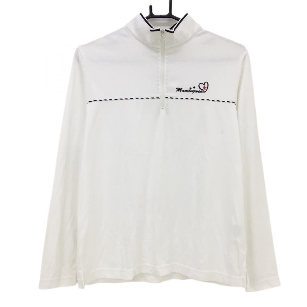 【新品】マンシングウェア 長袖ハイネックシャツ 白×ネイビー 一部斜めストライプ 快適除湿 UV80 レディース LL ゴルフウェア Munsingwear