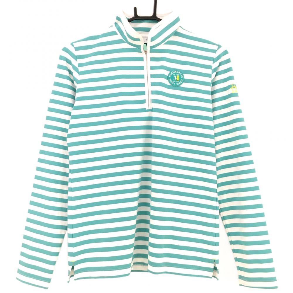 マンシングウェア 長袖ハイネックシャツ 白×ライトグリーン ボーダー ハーフジップ  レディース M ゴルフウェア Munsingwear