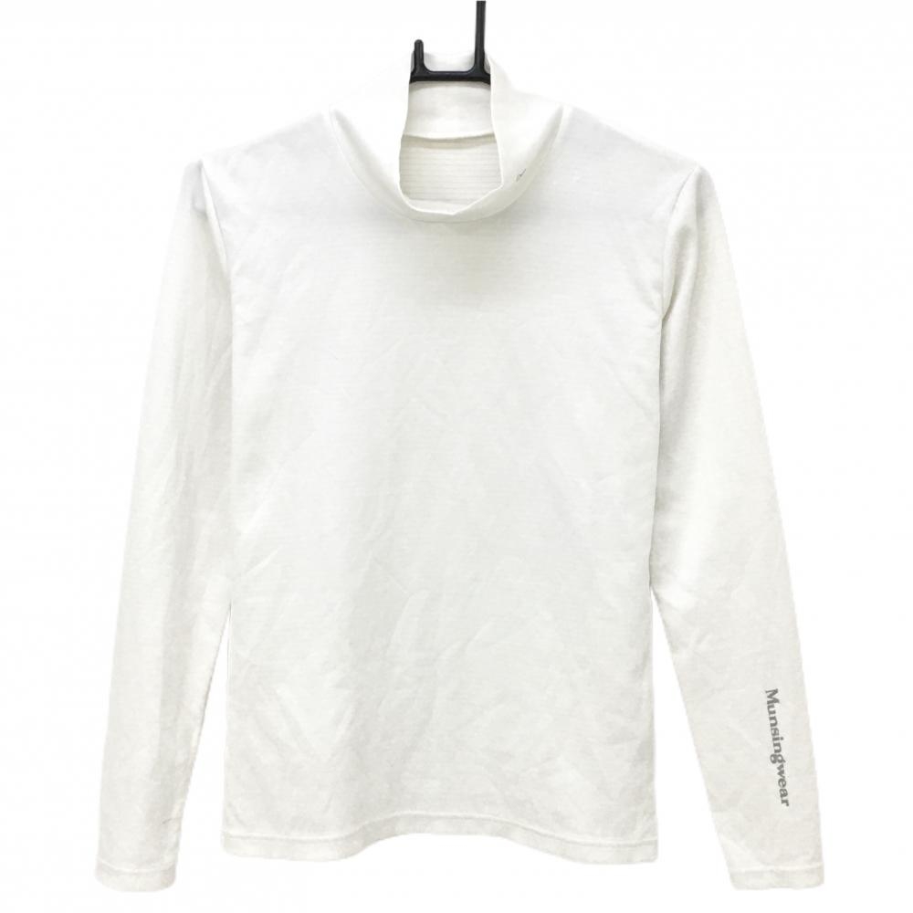 マンシングウェア 長袖ハイネックシャツ 白×ライトベージュ 細ボーダー ネックロゴ レディース L ゴルフウェア Munsingwear